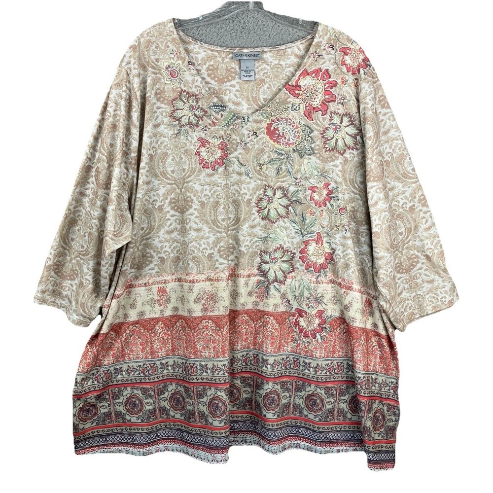 Catherine’s V-Neck 3/4 Sleeve Top Women’s 2X Pastel Floral Studded